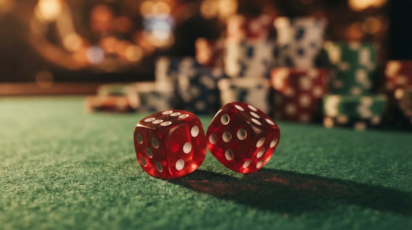 Punaiset nopat lepäävät vihreällä huovalla, taustalla sumeita pelimerkkitorneja iltahämärässä — kolikkopelit casino pelit