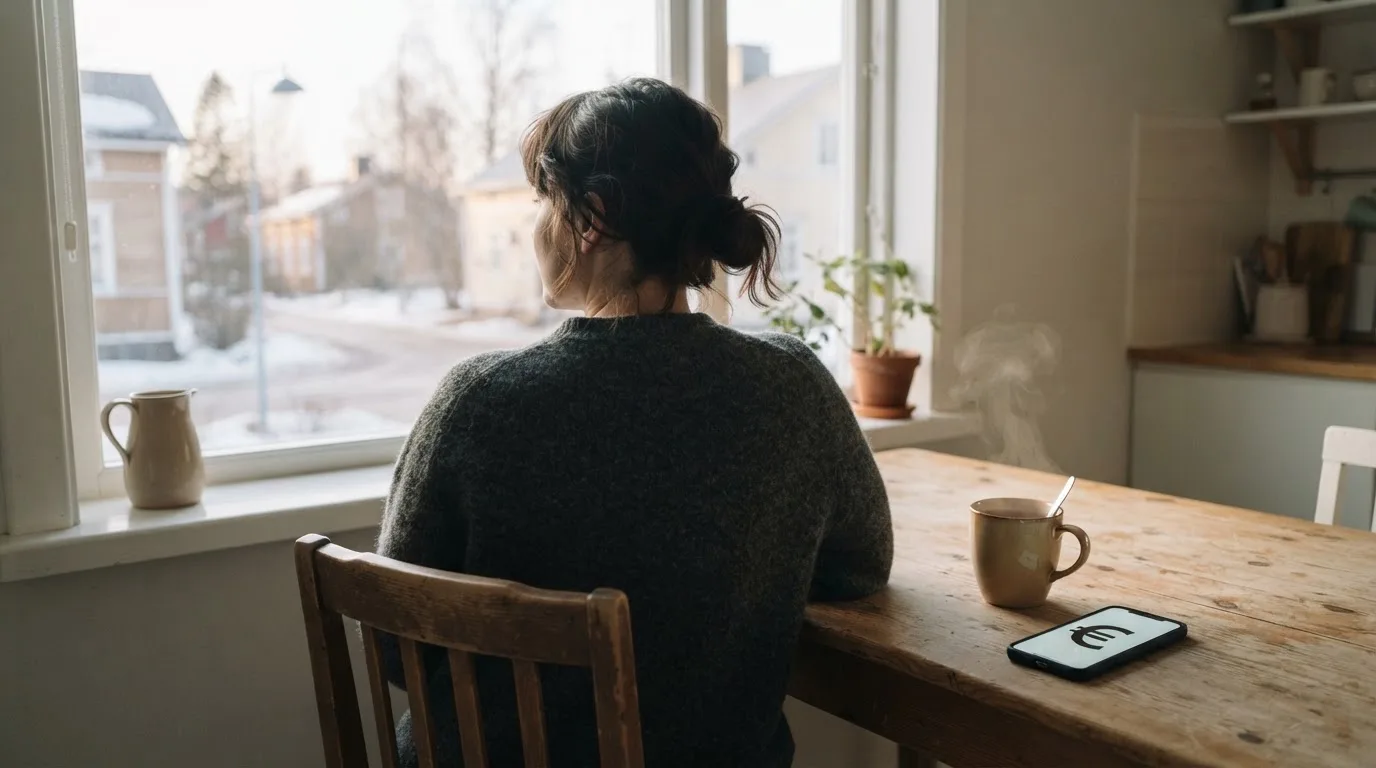 Henkilö istuu keittiön pöydän ääressä teekupin kanssa katsoen ulos ikkunasta rauhallisesti.