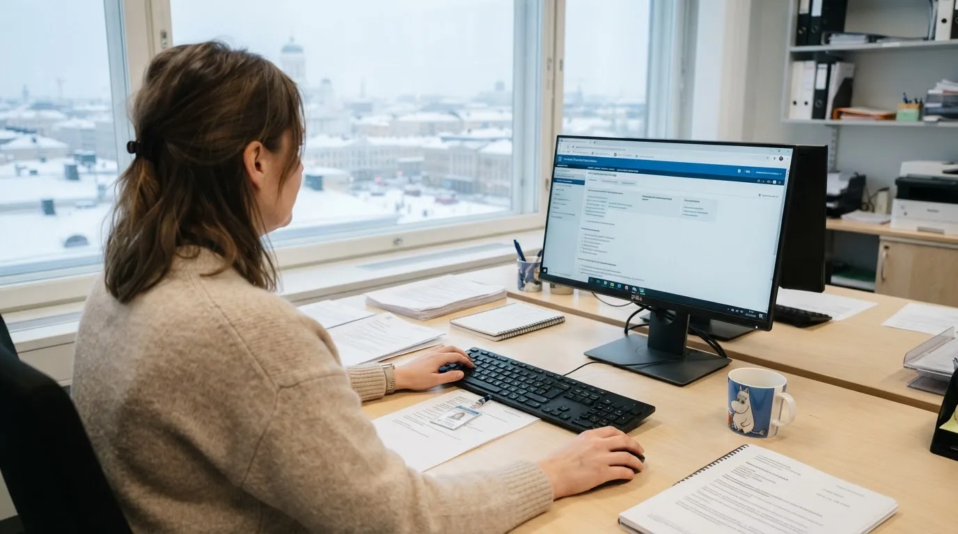 Virkailija istuu vaaleassa virastohuoneessa tietokoneen ääressä, ikkunasta näkyy talvinen kaupunkimaisema.