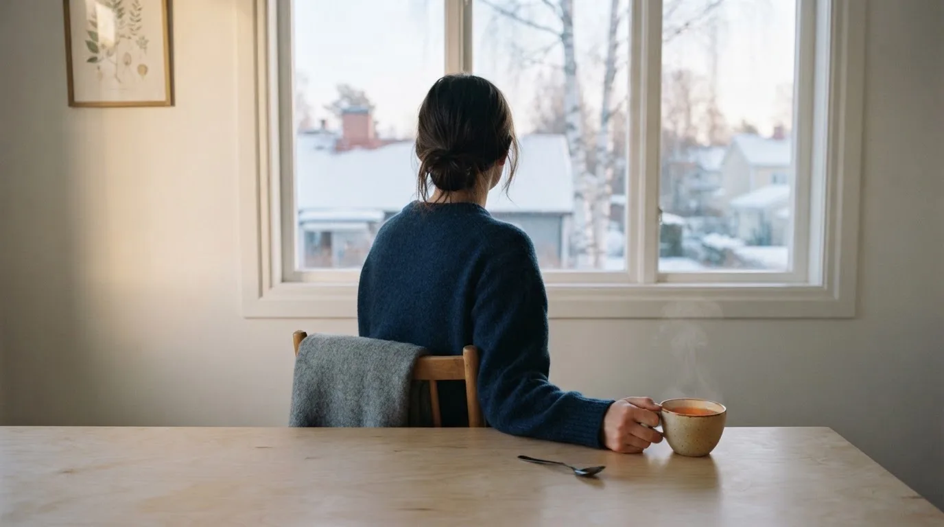 Henkilö istuu keittiön pöydän ääressä teekupin kanssa katsellen ulos ikkunasta aamulla.