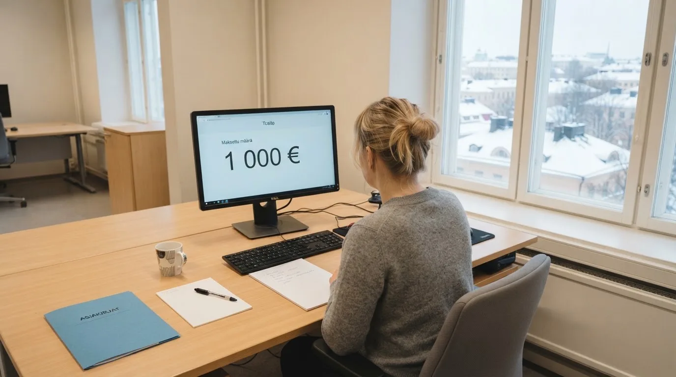 Virkailija istuu vaaleassa virastohuoneessa tietokoneen ääressä, ikkunasta näkyy talvinen kaupunkimaisema.